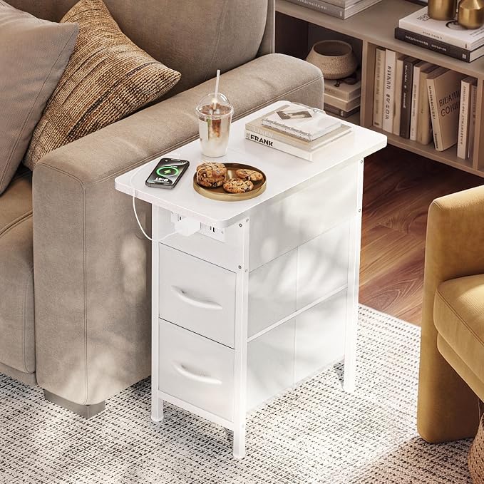Huuger Narrow End Table with Charging Station, Side Table with 2 Drawers | Slim - Image 2