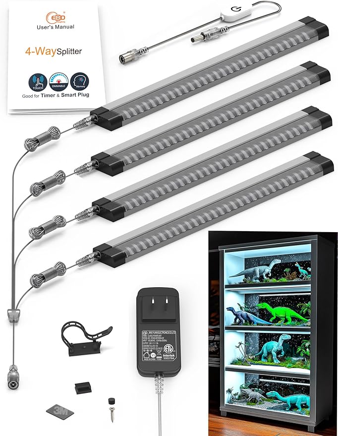 EBD LED Display Cabinet Lighting 4-Way 1.2m / 48" Splitter Parallel Connection Shelf Lights Touch Bookcase Lighting 4 Panels Counter Light Bar Energy 1800 Lm 3000K for Kitchen Pantry Garage Closet