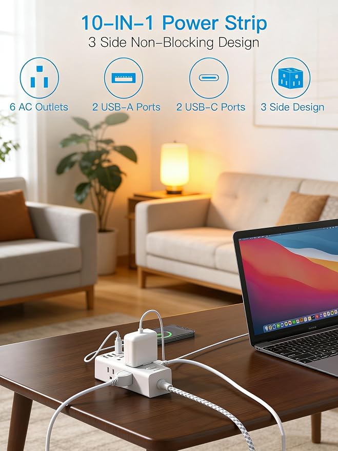 Flat Plug Extension Cord 10Ft, One Beat Surge Protector Power Strip 10 Ft Cord - Image 3