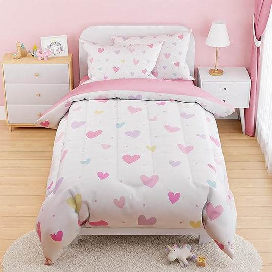 SANDJEST Heart Comforter Set Full Size 98x86in for Kids Girls, Microfiber 4 Pcs Bedding Set Includes 1 Comforter, 2 Pillowcases, 1 Fitted Sheet, Nursery Room Decor