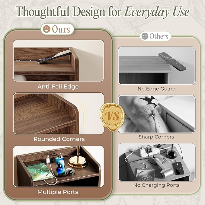 Huuger Nightstand with Charging Station, USB-C Port, End Table | Fluted Night - Image 5