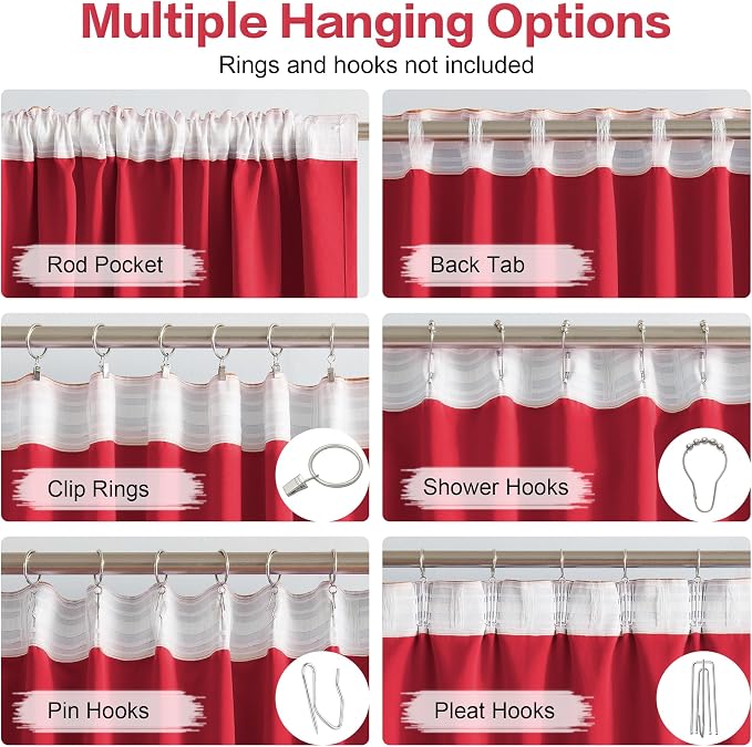 Extra Long 132 Inch Curtains Red Back Tab Loop Pocket Thermal Insulated - Image 3