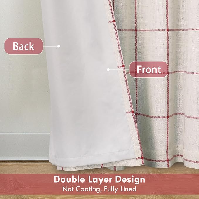 DriftAway 100% Blackout Plaid Linen Curtains 63 Inches Long 2 Panels Red | 100% - Image 4