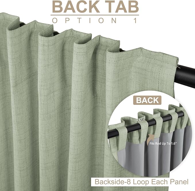 Faux Linen Total Blackout Sliding Door Curtains 96 Inches Long, Sage Green | - Image 3
