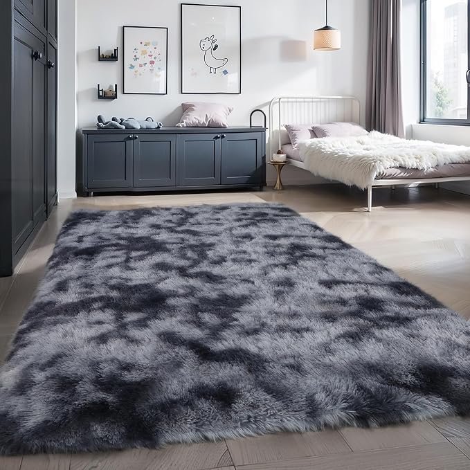 3x5 Tie-dye Dark Grey Fluffy Shag Rug - Image 7