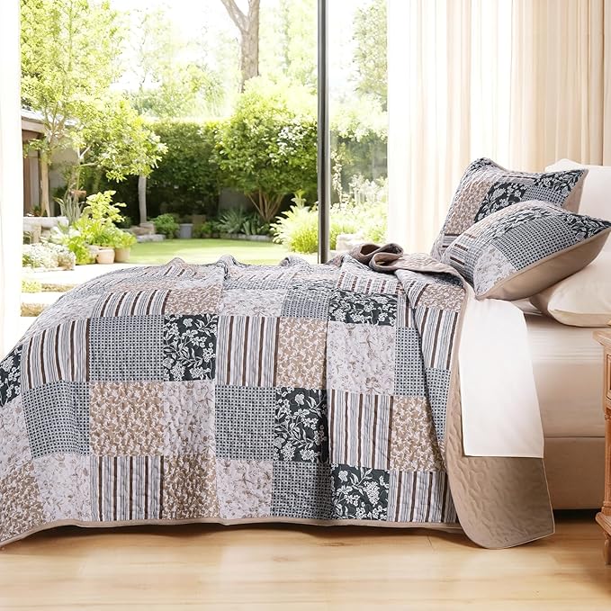 Mybedsoul Patchwork Quilt Set Queen Size, 3 Pieces Blue Brown Floral Plaid - Image 3