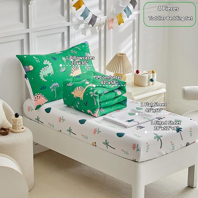 DuShow Dinosaur Toddler Bedding Set for Boys, 4 Pieces Soft Crib Bed Set Including Comforter, Fitted Sheet, Flat Top Sheet and Pillowcase-Green
