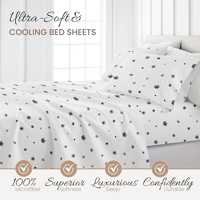 Linen Market Patterned Microfiber Full Sheet Set 4 Piece – Oeko-TEX Certified Ultra Soft & Wrinkle-Free - 16" Deep Pocket Sheets - Easy Care Full Size - Indigo Flowers Navy