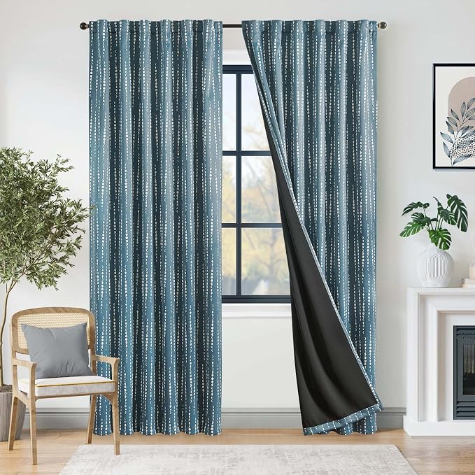 jinchan Boho Blackout Curtains 84 Inches Long Moon Phase Printed Drapes | Blue - Image 2