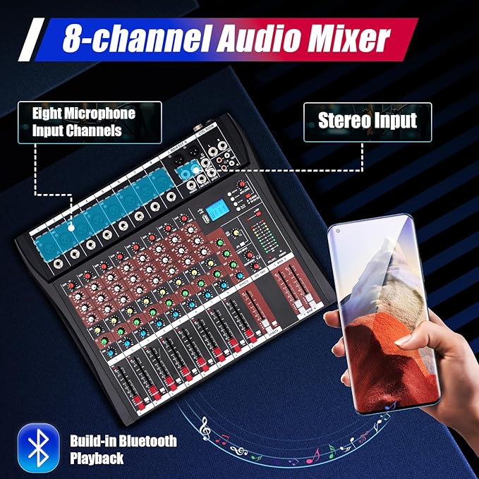 8 Channel Audio Mixer, Professional Audio Mixer with Bluetooth, 48V Phantom Power for Studio Recording, Karaoke and Live Performances