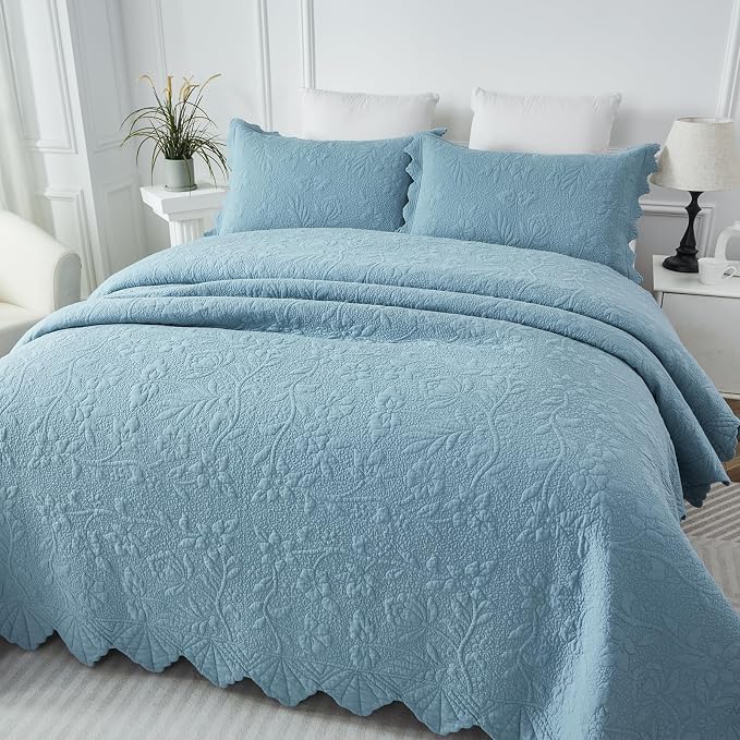 Brandream Luxury 100% Cotton Quilt Set Queen Size Blue Floral Vine Matelasse - Image 9