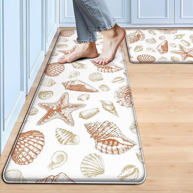 Kitchen Mats for Floor Cushioned Anti Fatigue Sets of 2 Beach Theme Kitchen Rugs Non Slip Waterproof Coastal Foam Kitchen Floor Rug Nautical Seashell Comfort Standing Mat For Sink Laundry, Coral