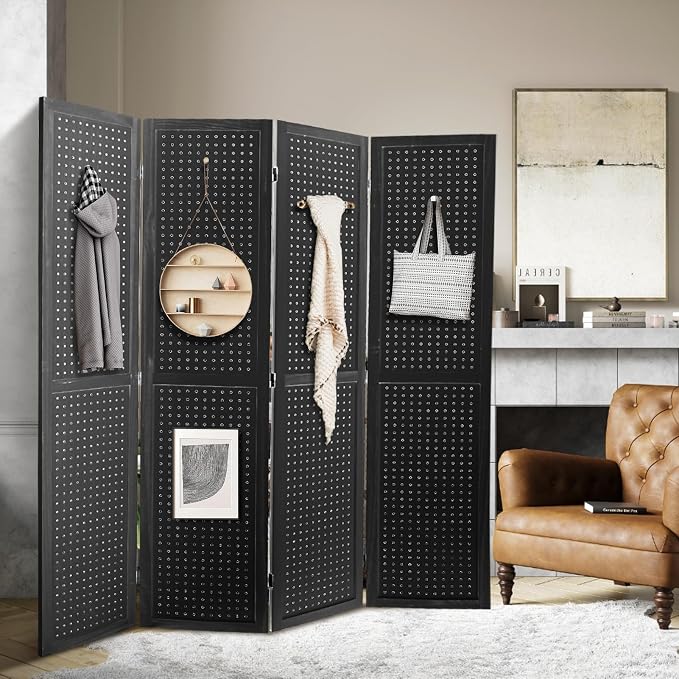 4 Panel Pegboard Room Divider | Black Wood Folding Privacy Screen - Image 9