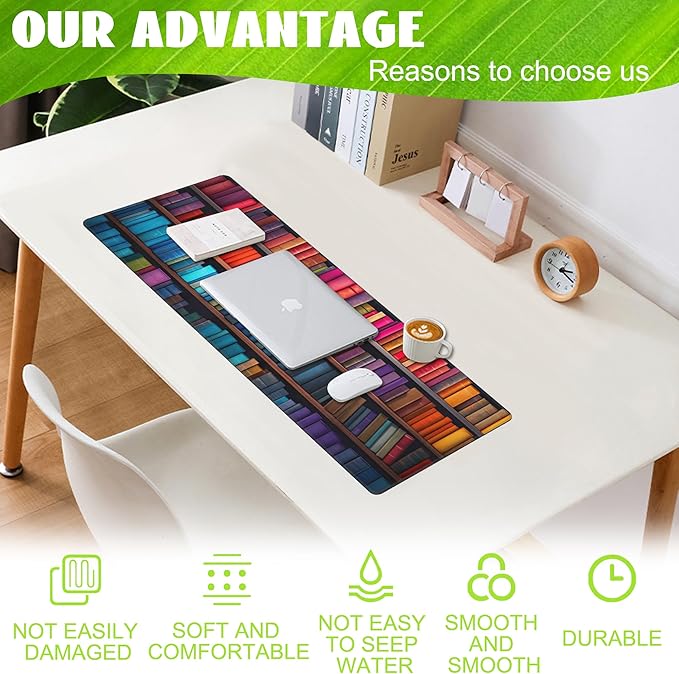 Eflxamz Large Gaming Mouse Pad for Desk,Bookshelves Full of Books Desk Mat,Colorful Books Desk Pad,Extended Big Computer Keyboard Mouse Pad with Non-Slip Base and Stitched Edge,31.5"x11.8"