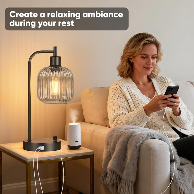 Grey Glass Table Lamps Set of 2, Dimmable Bedside Lamps - Image 5