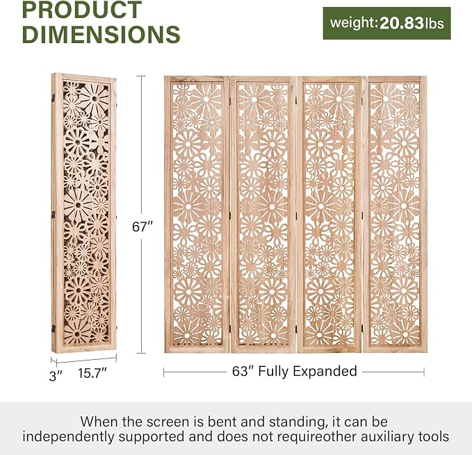 Folding Wood Room Divider Panel, 67 Inch Tall Daisy-Carved Privacy Screen - Image 4