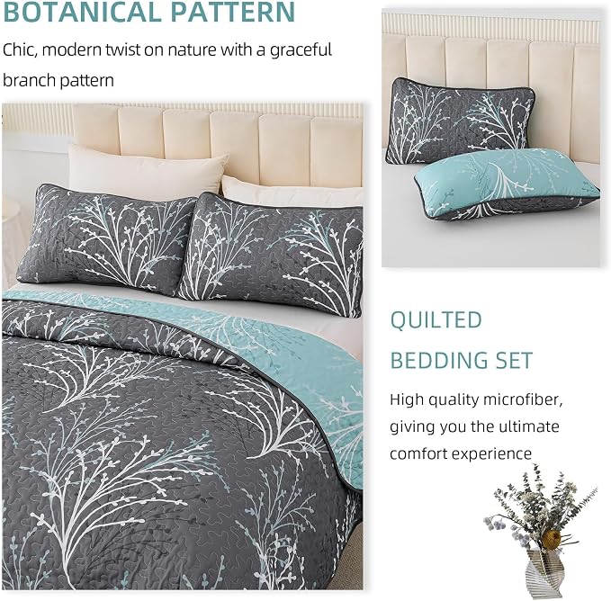 DJY Queen Size Quilt Set Grey Blue Reversible Bedspread Bedding Set | 3 Piece - Image 8