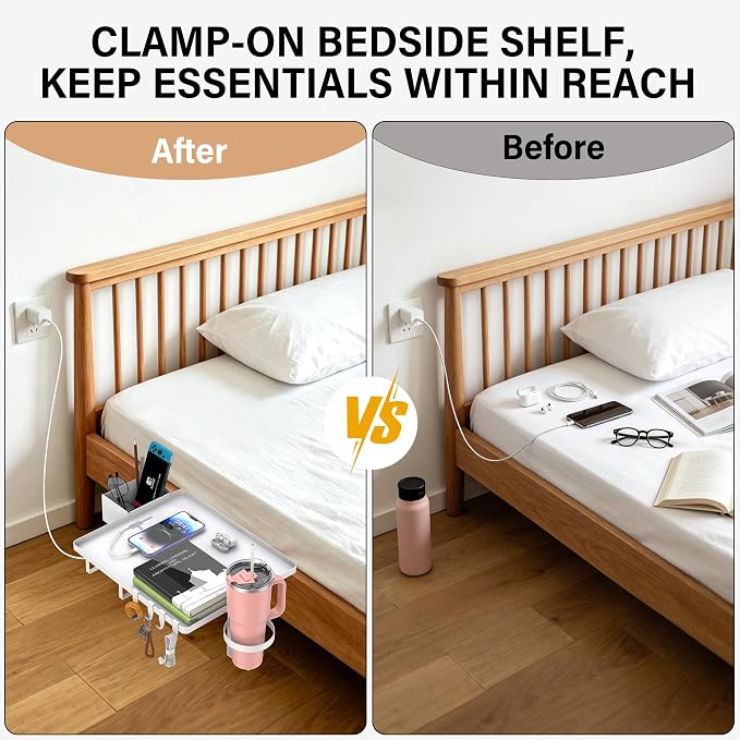Bedside Shelf, Metal Bed Shelf For Dorm Room Clip On Floating Tray | College - Image 7