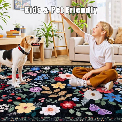 10x14 Area Rugs for Living Room: Floral Washable Rug Vintage Large Soft Boho Non-Slip Carpet Stain Resistant Low Pile Carpets for Bedroom Dining Room Farmhouse Nursery Hallway Home Office Black
