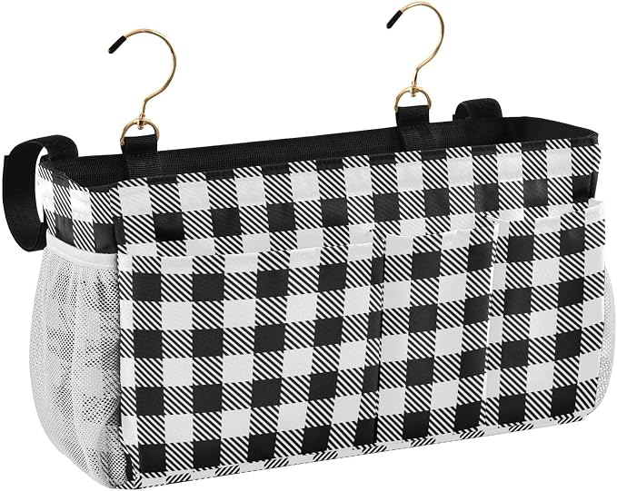 Buffalo Plaid Check Black Print Bedside Caddy Storage Bag Bedside Organizer by KOPIRIT