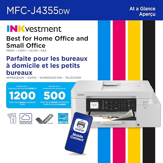 Brother INKvestment 4355 Wireless Color Inkjet All-in-One Printer with 1.8” Color Display and Manual Feed Slot | Includes Refresh Subscription Trial(1) (MFC-J4355DW)