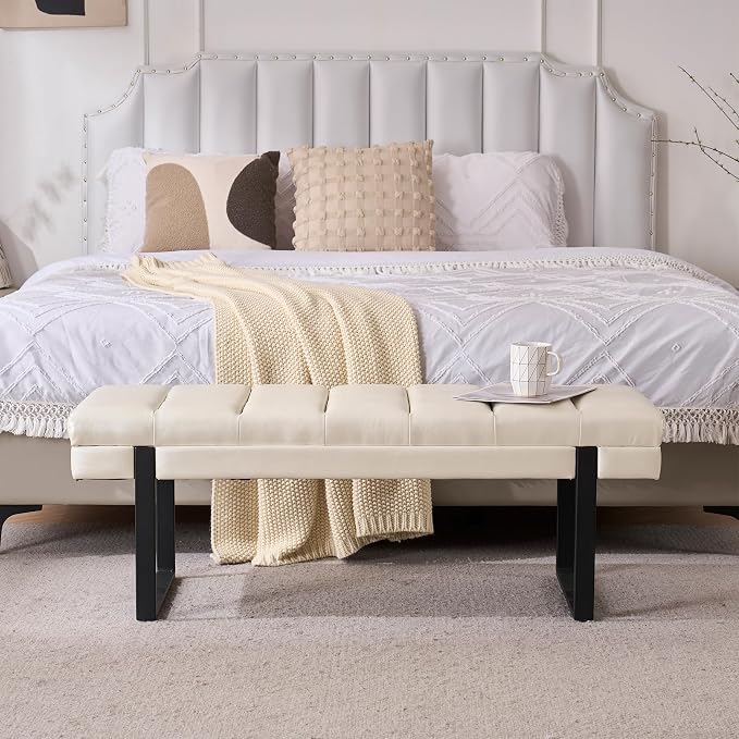 46" Faux Leather Bench for Bedroom End of Bed Window, Upholstered Ottoman - Image 4