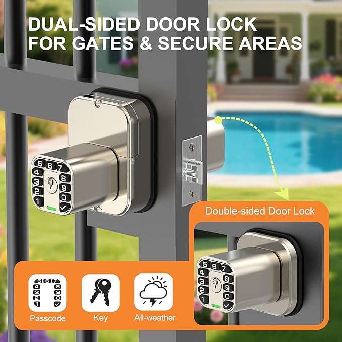 Richelock IU52 Double-Sided Keypad Door Lock, All-Weather, Fully Waterproof Keyless Entry with Dual-Sided Programmable Codes, Same Key Both Sides for Outdoor, Indoor, Gate & Fence