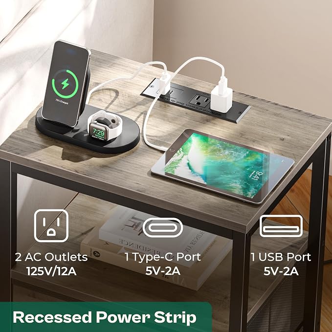 Huuger Nightstand with Charging Station, 27.6 Inch Bedside Table, Side Table | - Image 4