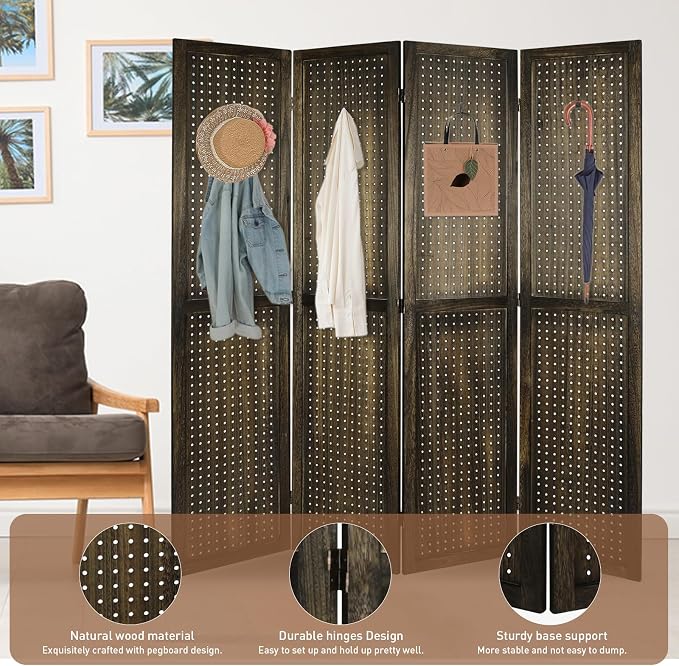 4 Panel Pegboard Room Divider | Brown Wood Folding Privacy Screen - Image 6