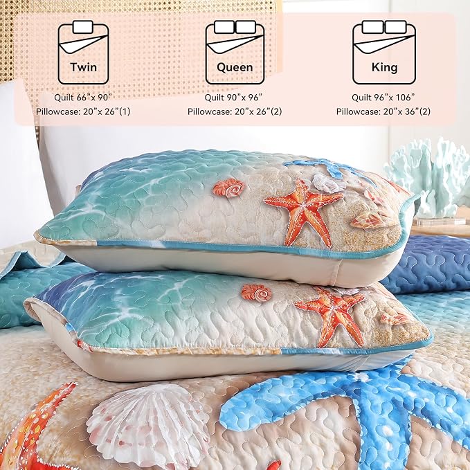weigelia Coastal Quilt Queen Size, Beach Lightweight Summer Bedding | Starfish - Image 6