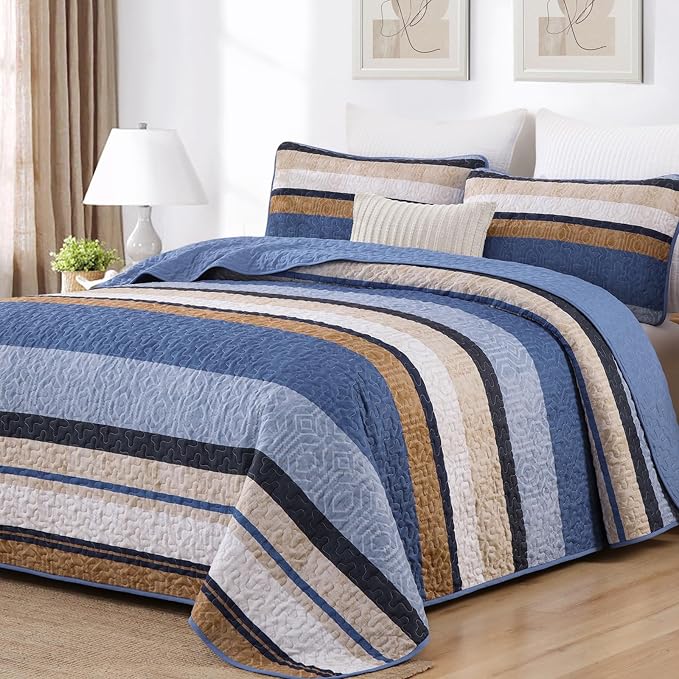 Dobuyly Full Size Dteiped Quilt Set, Breathable All-Season, 3-Piece Set Fits by Dobuyly