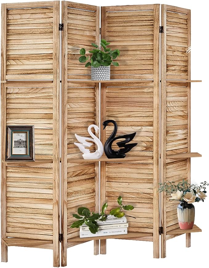 Room Divider with Shelves, 4 Panel Natural Privacy Screen | Partition Room - Image 7
