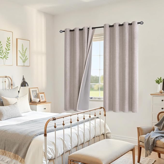 YoungsTex Linen Blackout Curtains 63 Inch Length Bedroom Beige Darkening | - Image 4