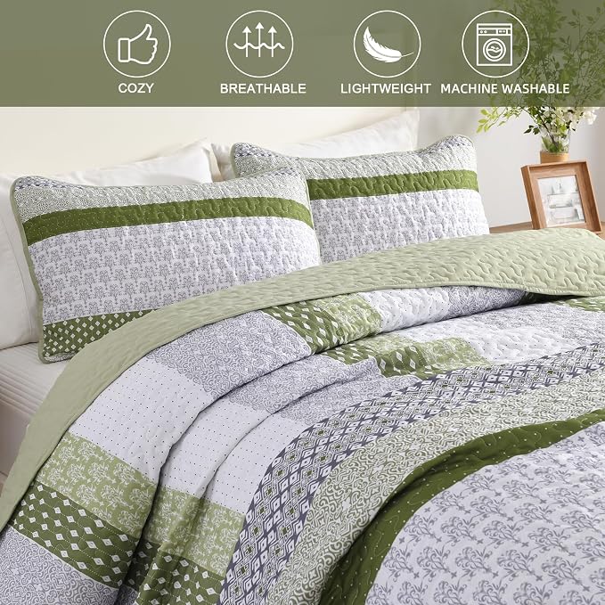 WONGS BEDDING Olive Green Quilt King Size, Bohemian Stripe Bedspread | - Image 4