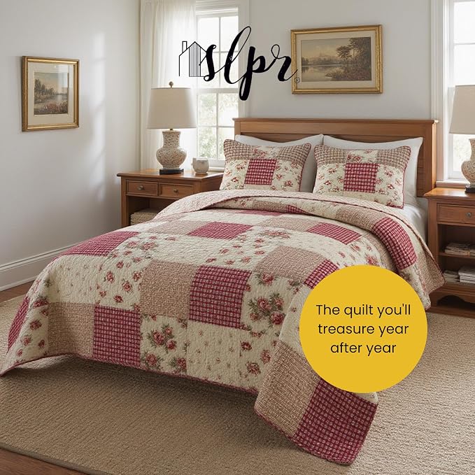 SLPR - Country Roses Red Floral Patchwork Quilt Set, Queen - Image 7