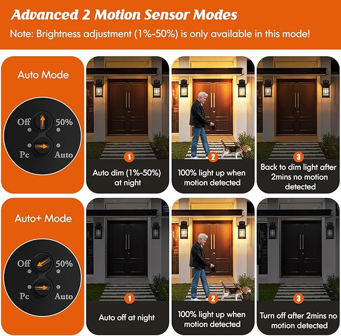 Motion Sensor Outdoor Wall Lights Black, Dusk to Dawn Outside Porch Lights Fixture Wall Mount, Waterproof Exterior Light Fixtures, 2-Pack Matte Black Wall Sconces Lantern for House Patio Garage