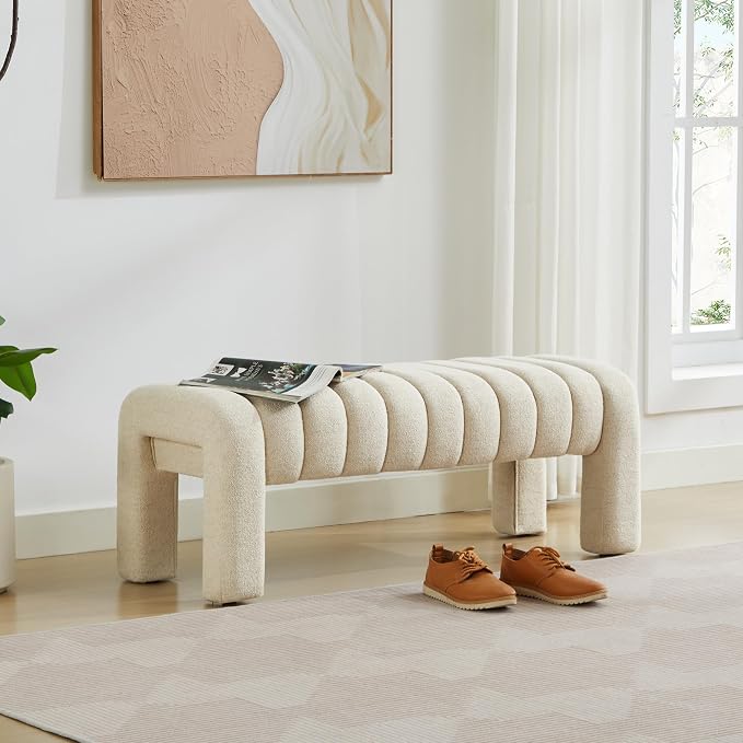 43" End of Bed Bench, Linen Beige | Channel Tufted Upholstered, Entryway Bench - Image 9