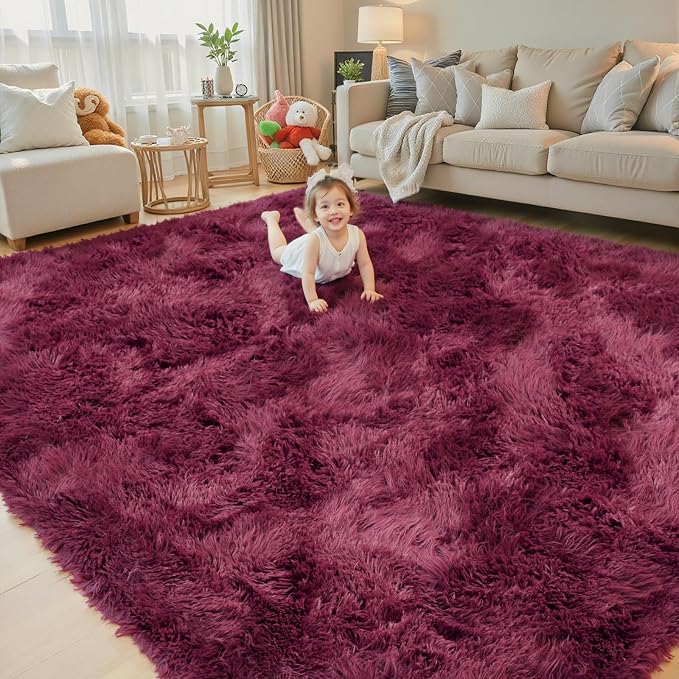 4x6 Area Rugs for Bedroom, Burgundy Soft Fluffy Shag Bedside Rugs | Non-Slip - Image 7