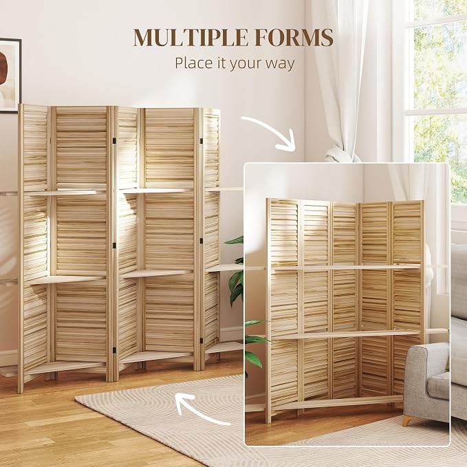 HOMCOM Room Divider with Shelves, 5 Panel, Natural Wood | Wood Privacy Screen - Image 6