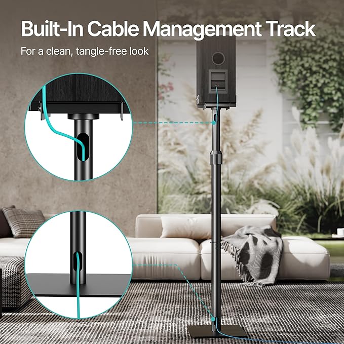 Pegzone Height-Adjustable Speaker Stands Pair,11LBS Capacity,Height Adjustable from 33.4" to 44.0",Surround Sound Speaker Stands,Cable Management,Black,1 Pair