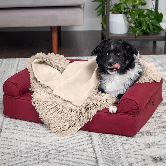 Furhaven Waterproof Throw Blanket for Dogs & Indoor Cats, Washable - Shaggy Plush Calming Long Faux Fur & Velvet Dog Blanket - Taupe, Small