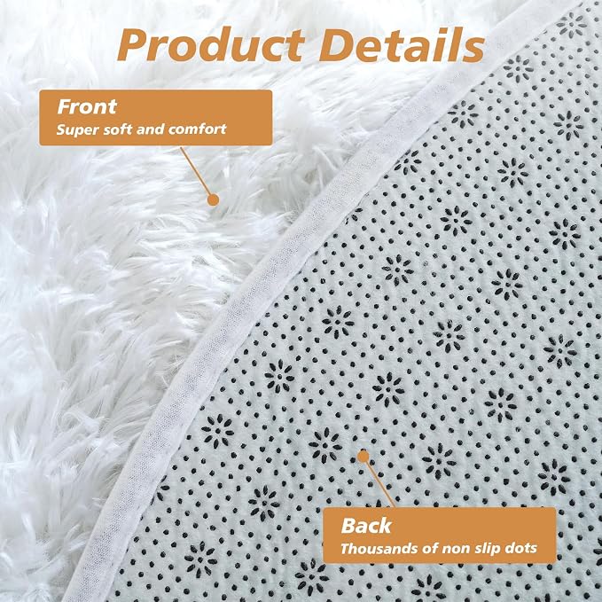 White Round Shag Area Rug for Bedroom, Washable Fuzzy Carpet for Room Boys - Image 4
