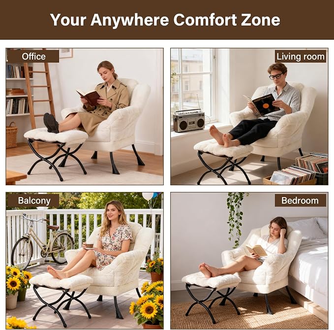 Welnow Lazy Chair with Ottoman, Reading Chair with Footrest, Plush Beige | A - Image 9
