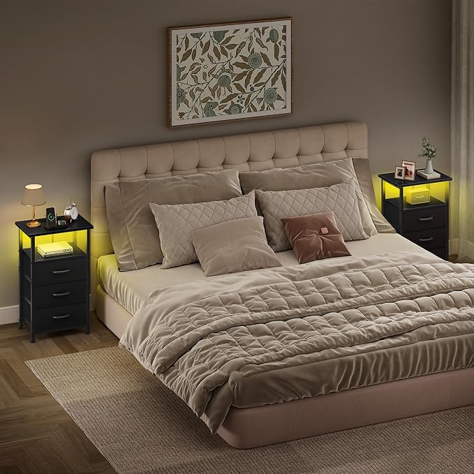 Night Stand Set 2 with Charging Station, LED Nightstand - Image 7