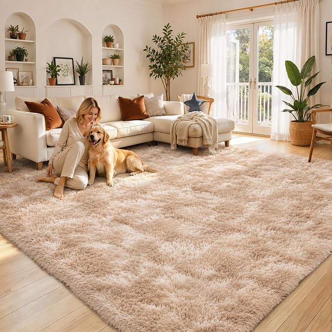 6x9 Shag Area Rug for Living Room, Dark Beige Tie-Dyed Plush Fluffy Carpet | by Junhejiamei