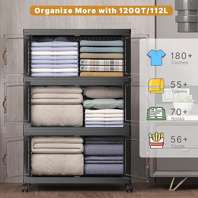 Extra Large Stackable Storage Bins with Lids & Wheels, Foldable Plastic Storage Bins (Dark, 330QT-55QT/14GAL*6Pack)