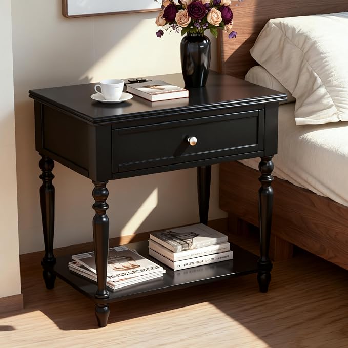 Solid Wood Nightstand with Charging Station, Traditional End Table with Drawers - Image 7