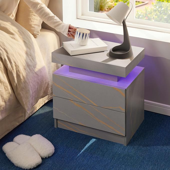 LED Nightstand with Wood 2 Drawers Modern Bedside Table - Image 5