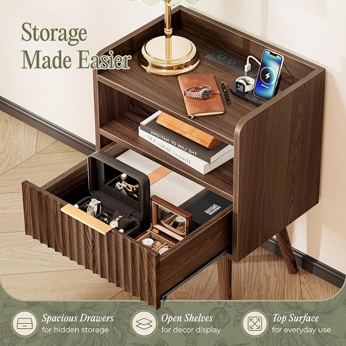 Huuger Nightstand with Charging Station, USB-C Port, End Table | Fluted Night - Image 6