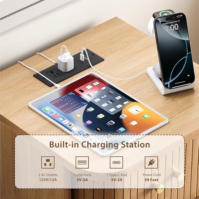 Decofy Fluted Nightstand with Charging Station & Sliding Door, Oak | Open Shelf - Image 3